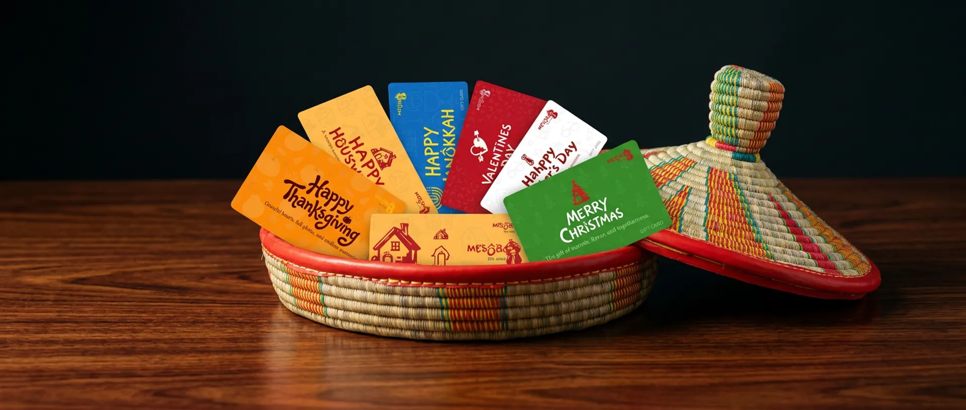Mesob gift cards in a traditional Ethiopian mesob basket